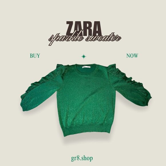 Zara Green Sparkle Sweater With Ruffled Sleeves Medium Metallic Knit Womens Top - Picture 1 of 5